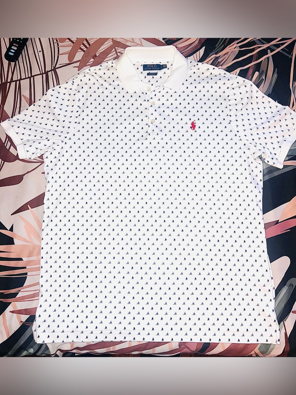 Polo by Ralph Lauren White Polo with Navy Micro-Print and Red Pony